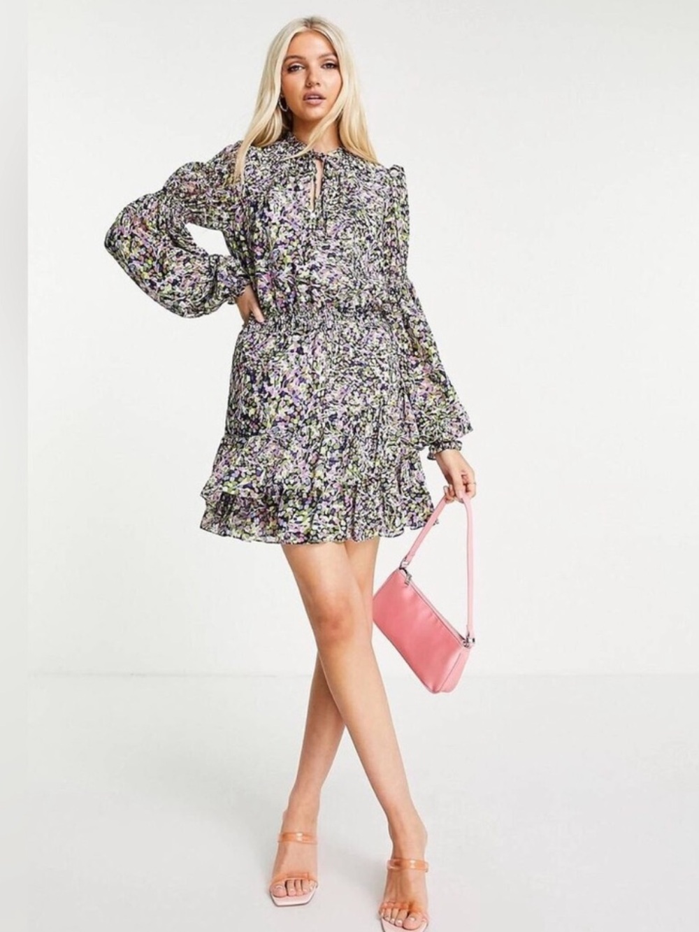 Ted Baker Karliie Tiered Mini Dress with Smock Detailing in a black multi floral